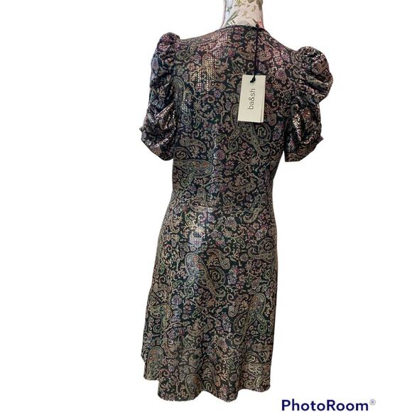 NWT BA&SH Gala Mini Dress Puffed Sleeve Surplice Neckline  Metallic Shimmer  LG - Picture 6 of 13